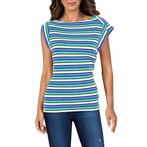 Anne Klein Womens Cap Sleeve Striped Pullover Top