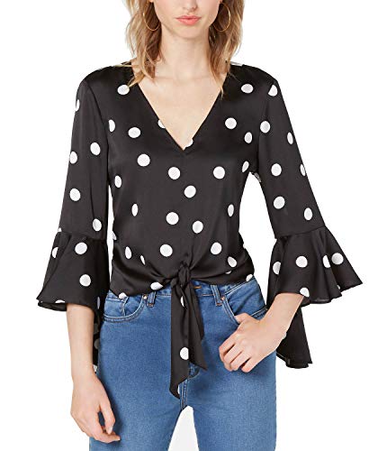 Bar III Dot Print Bell Sleeve Tie Hem Top