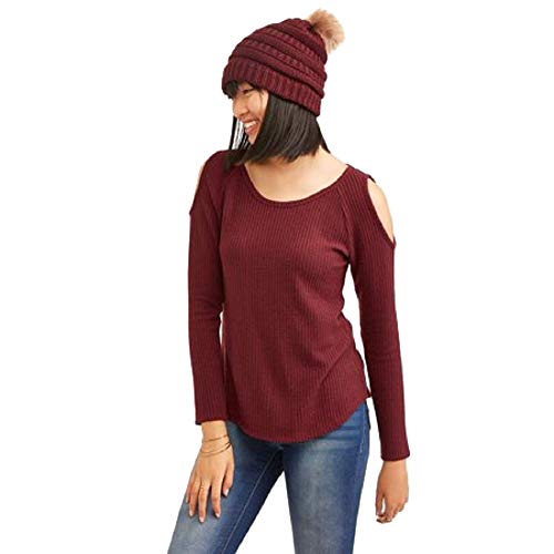 Juniors' Waffle-Knit Cold-Shoulder Top & Faux Fur-Trimmed Beanie