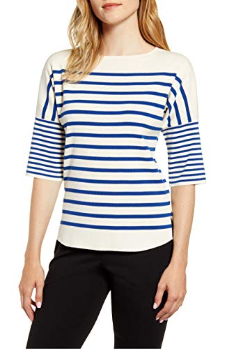 Anne Klein Striped Boat-Neck Sweater (Anne White/Cezanne Blue, XXS)