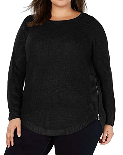 INC Women's Plus Size Zipper Trim Waffle Knit Crewneck Sweater Black Size 2X