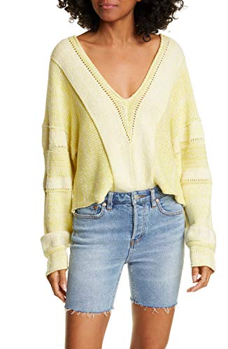 Free People Womens V-Neck Open Stitch Pullover Sweater Yellow M