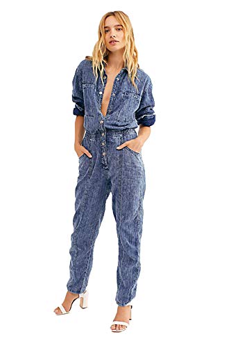 Free People Womens Ari Striped Medium Wash Jumpsuit Blue L