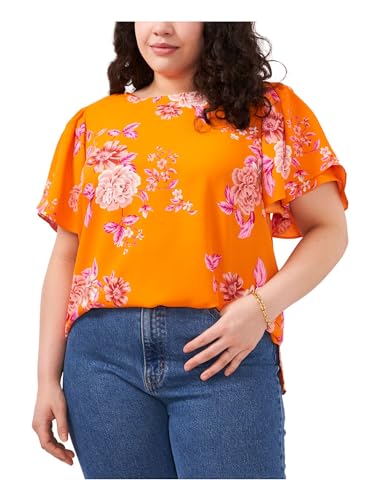Vince Camuto Womens Floral Flutter Sleeve Round Neck Top Plus