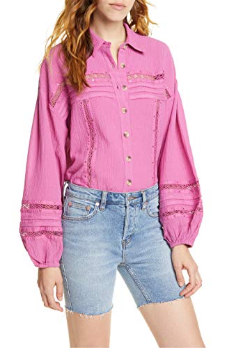 Free People Summer Stars Puffy Sleeve Crochet Trim Blouse