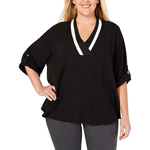 Calvin Klein Womens Plus Contrast Trim V-Neck Pullover Top Black 2X