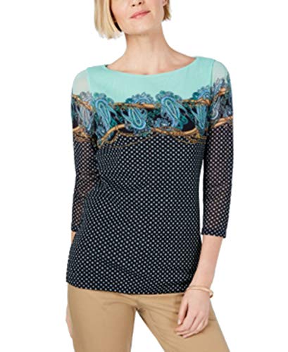 Charter Club Mixed-Print Chiffon-Sleeve Top (Blue, XS)