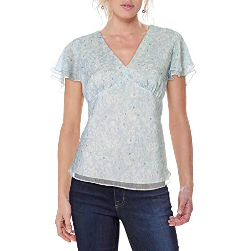 LAUREN RALPH LAUREN Womens Spodra Floral Print V-Neck Blouse Blue M