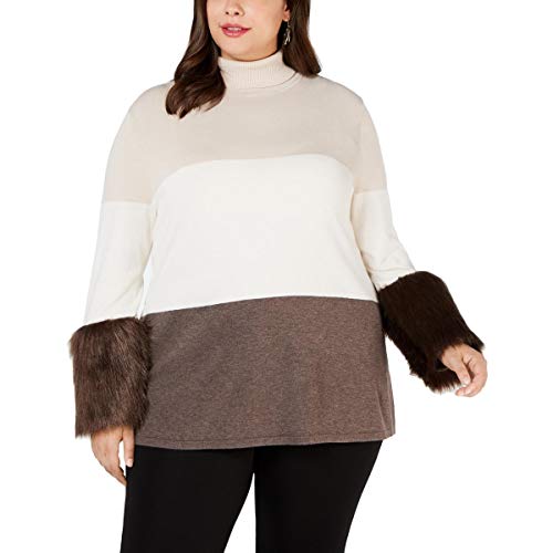 Plus Size Faux-Fur-Cuff Colorblocked Turtleneck Sweater