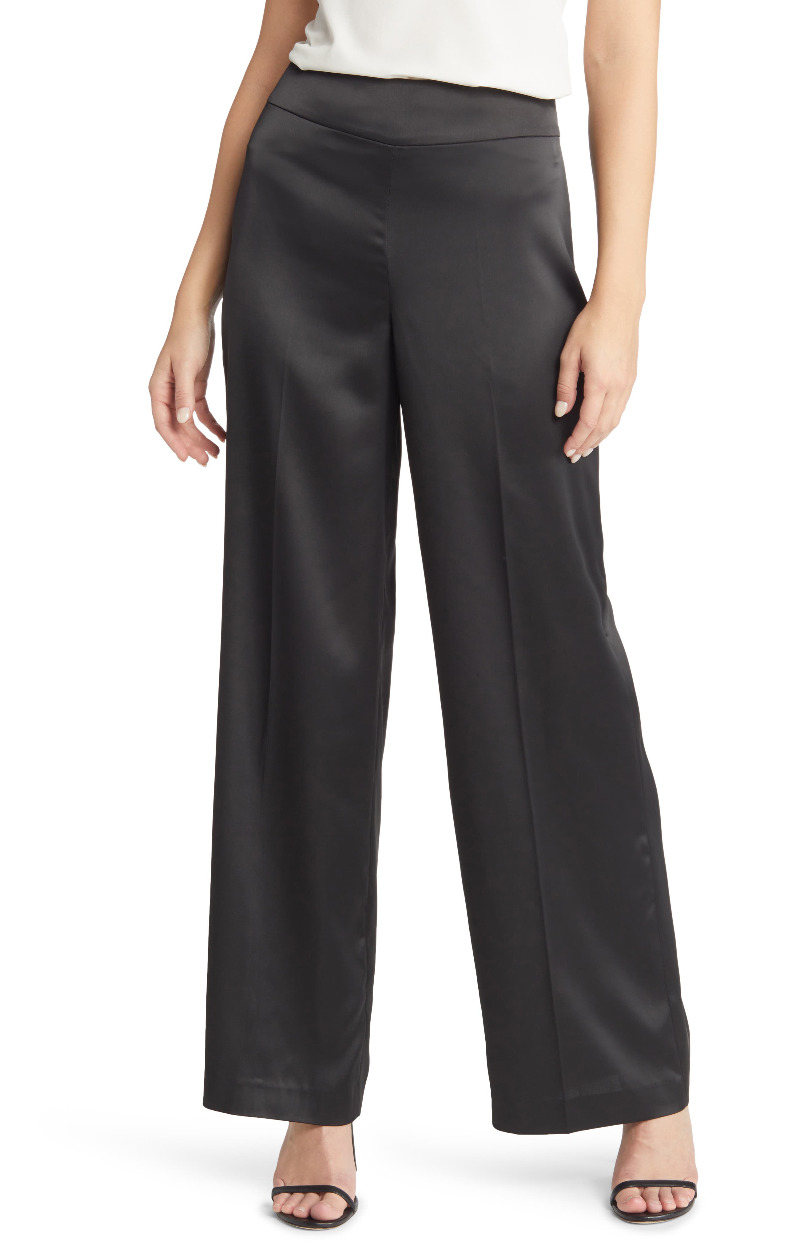 Anne Klein High Waist Wide Leg Satin Pants in Anne Black