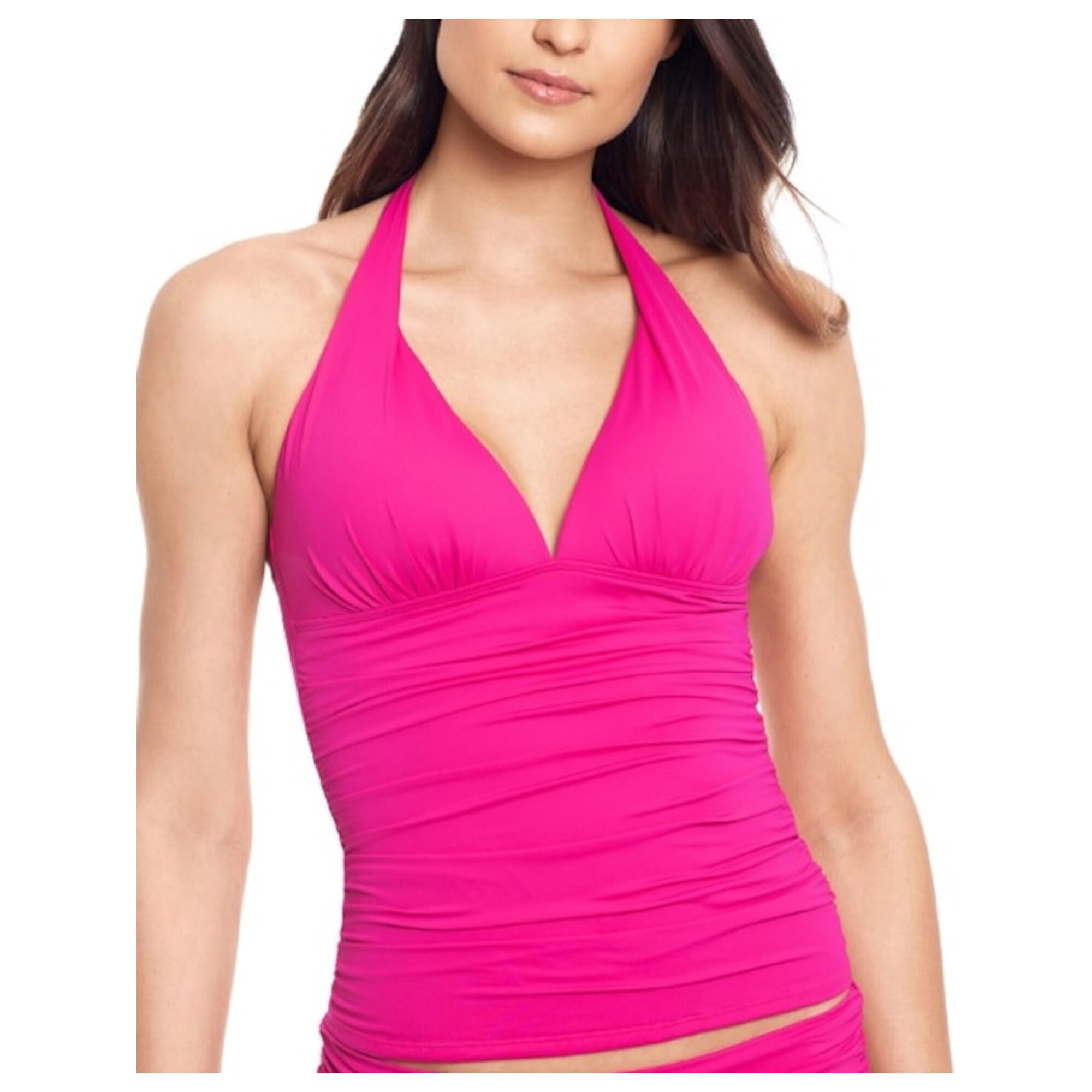 Women's Pink Stretch Allover Slimming Shirred Deep V Neck Molded Cup Beach Club Halter Tankini Swimsuit Top