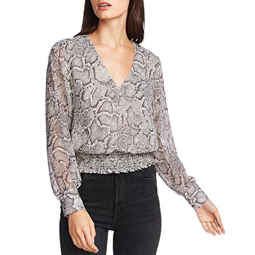 Smocked Snake-Print V-Neck Top