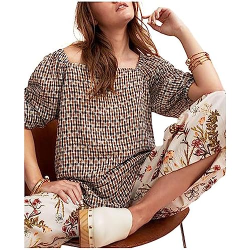 ANNE KLEIN Womens Plaid Elbow Sleeve Square Neck Top