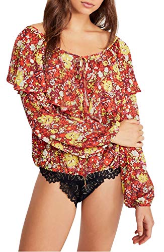 Intimately Free People Womens  Long Sleeve Floral Ruffle Bodysuit Blouse Red Sienna L