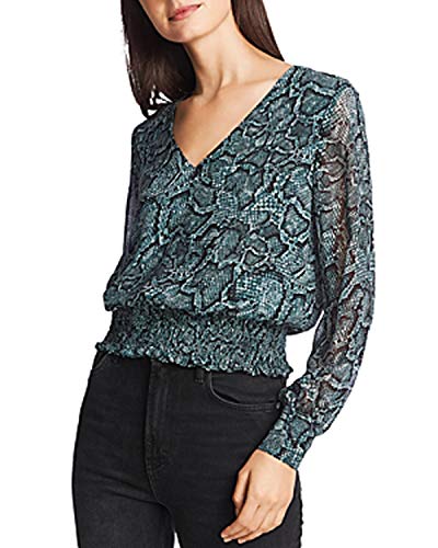 Smocked Snake-Print V-Neck Top