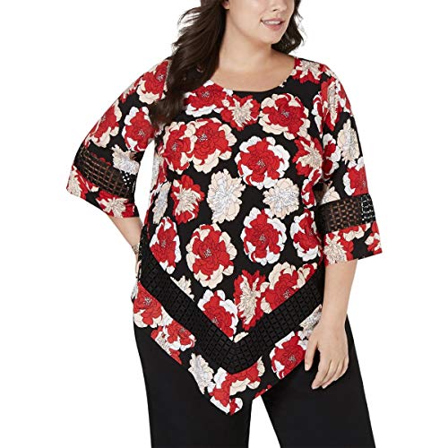 Plus Size Printed Crochet-Trim V-Bottom Blouse