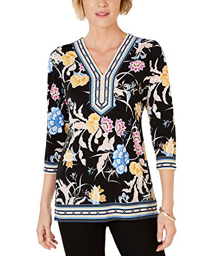 JM Collection Petite Printed Embellished Tunic (Batik Botanical, P/XS)