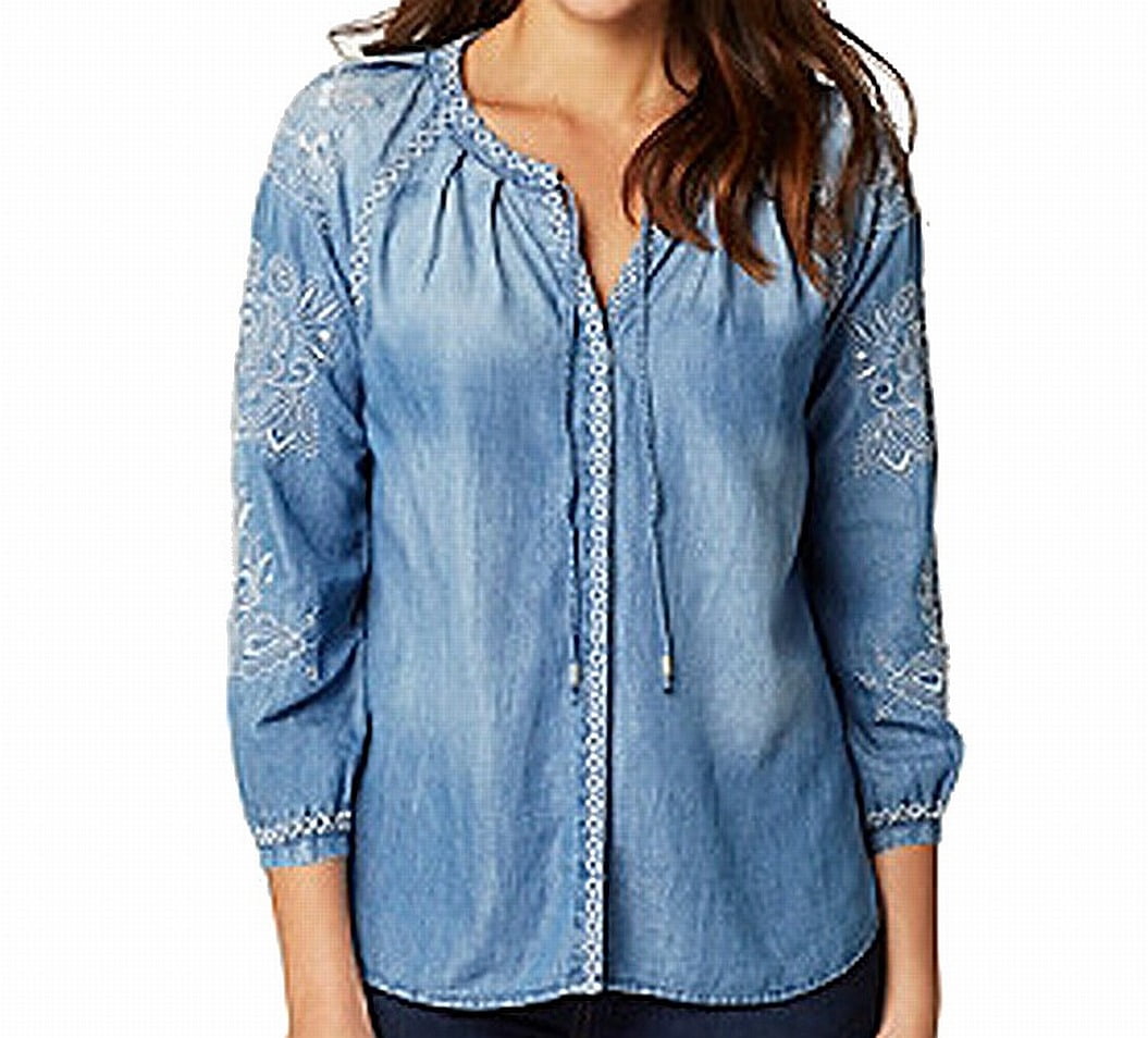 Vintage America Womens Denim Embroidered Button Down Top  Blue XS
