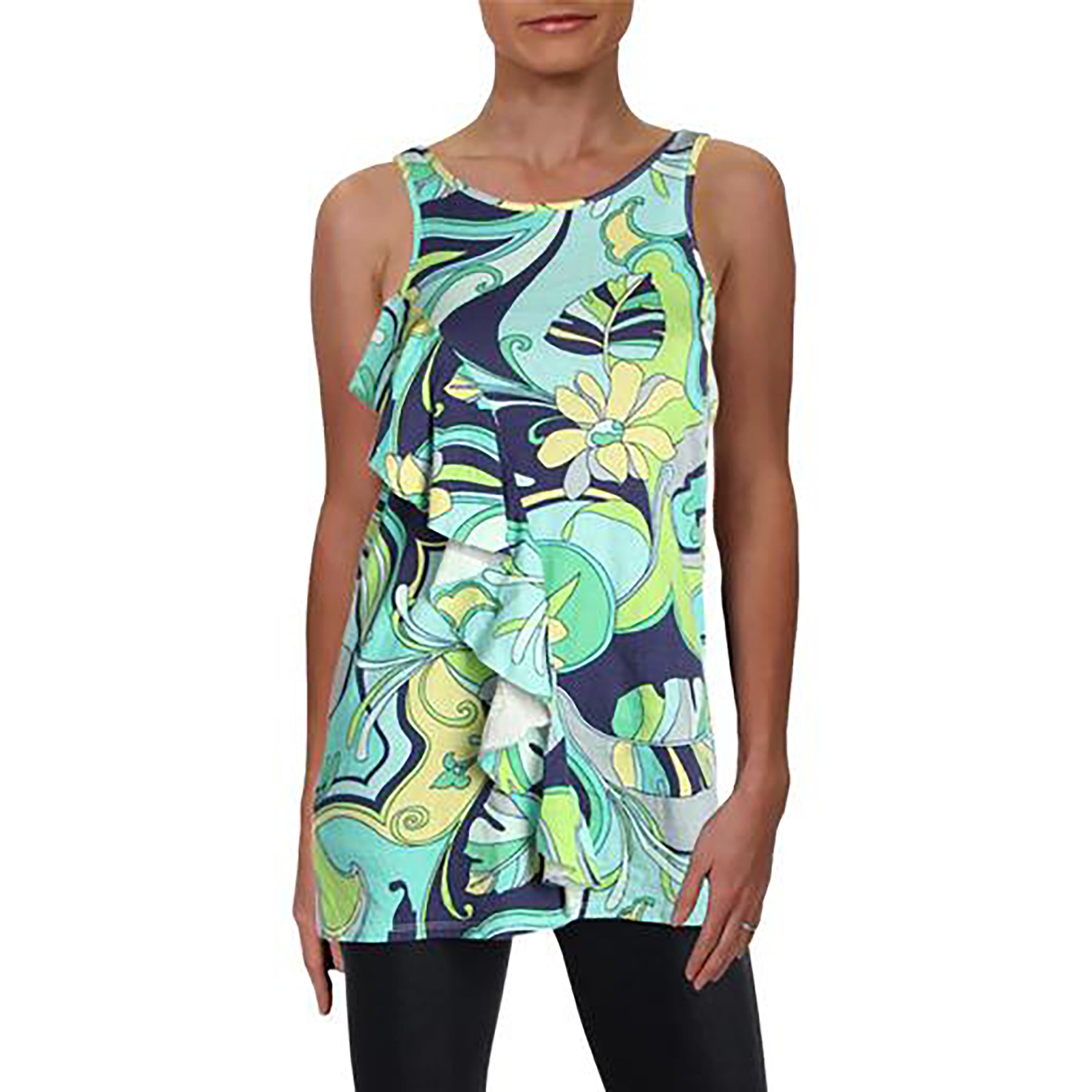 Hot Cotton Aloha Ruffled Printed Tank Top Green Hawaiian Print M
