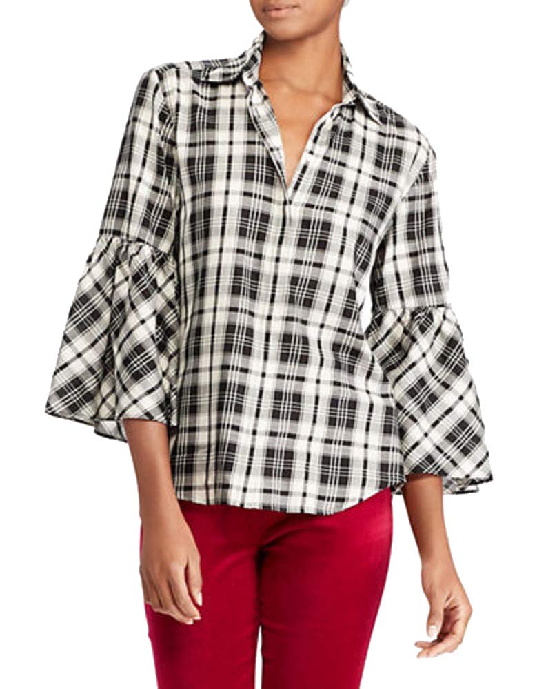 Lauren Ralph Lauren Plaid Bell-Sleeve Cotton Button-Down Shirt (Black Multi, XS)
