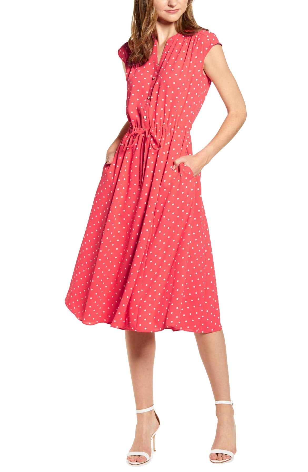Anne Klein Womens Polka Dot V Neck Cocktail Dress Pink L