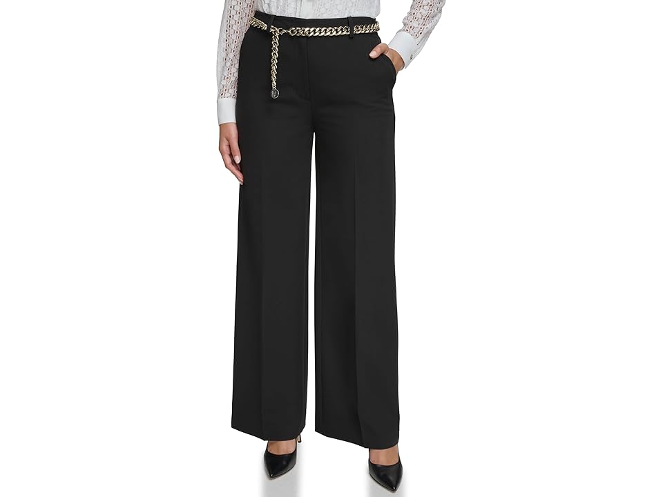 Women's Johnny-Collar Sweater & Wide-Leg Chain-Belt Pants