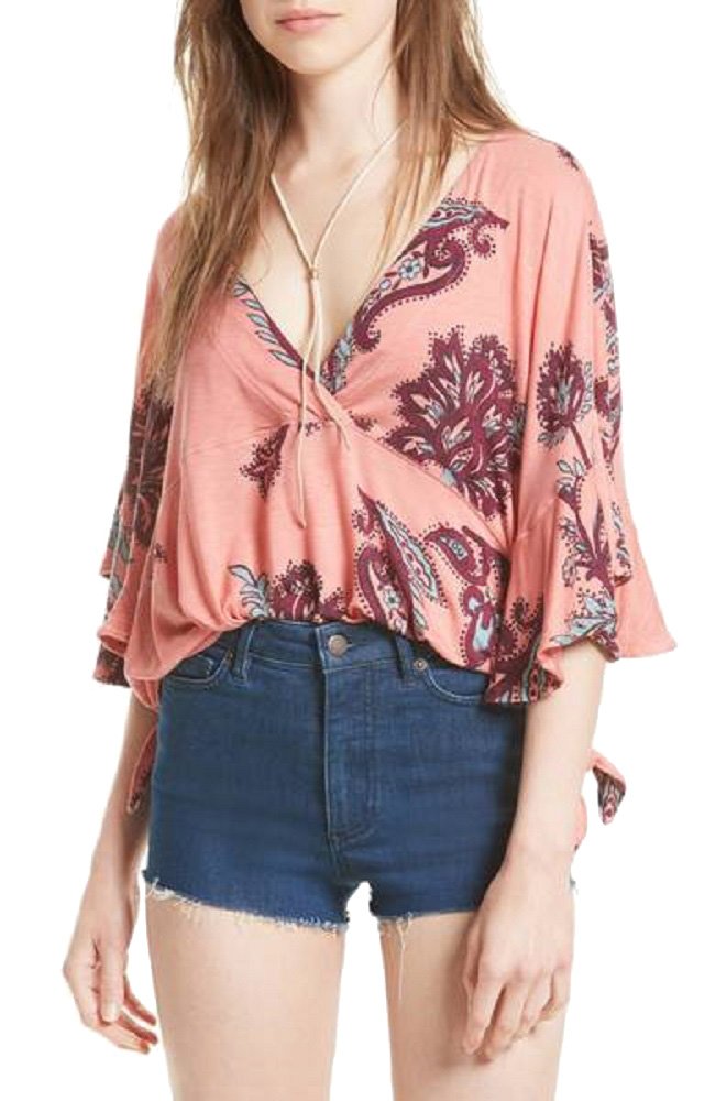 Free People Womens Maui Wowie Printed Surplice Casual Top