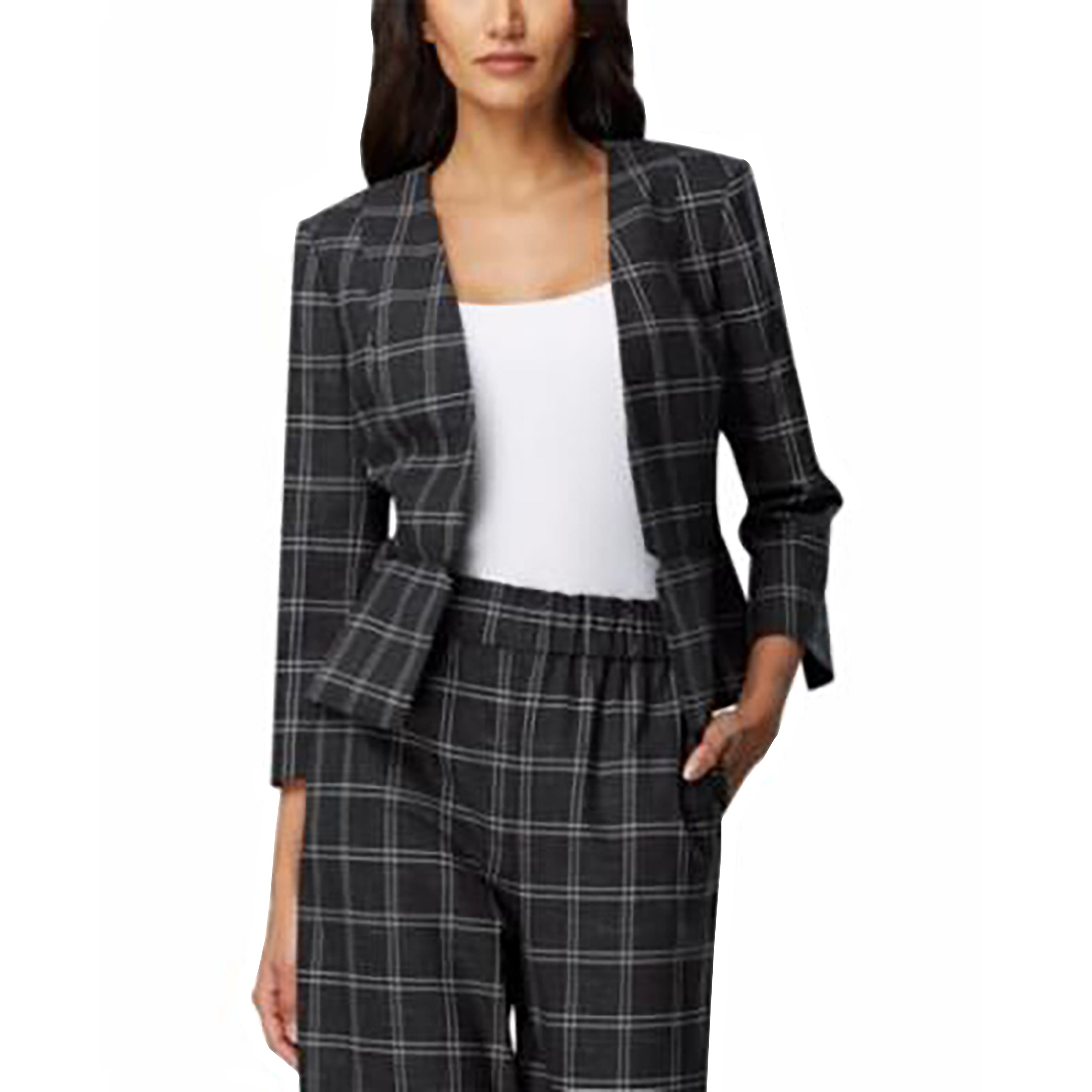 Collarless Plaid Blazer