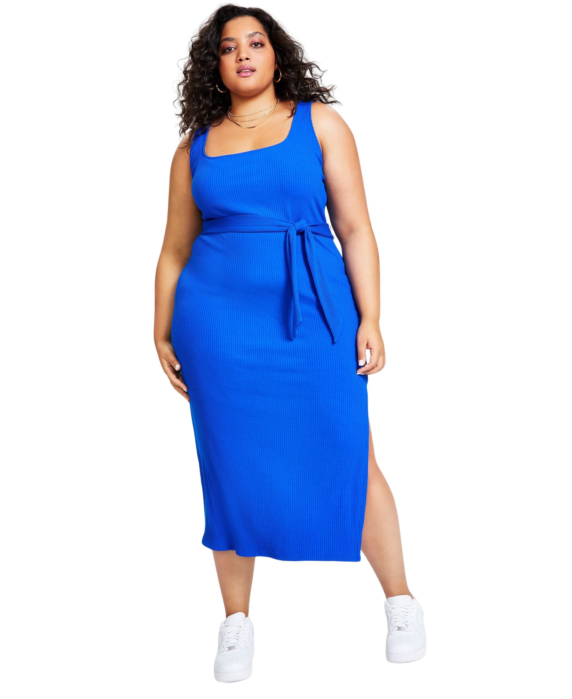 Plus Size Square-Neck Rib-Knit Midi Dress Deep Cobalt 3X
