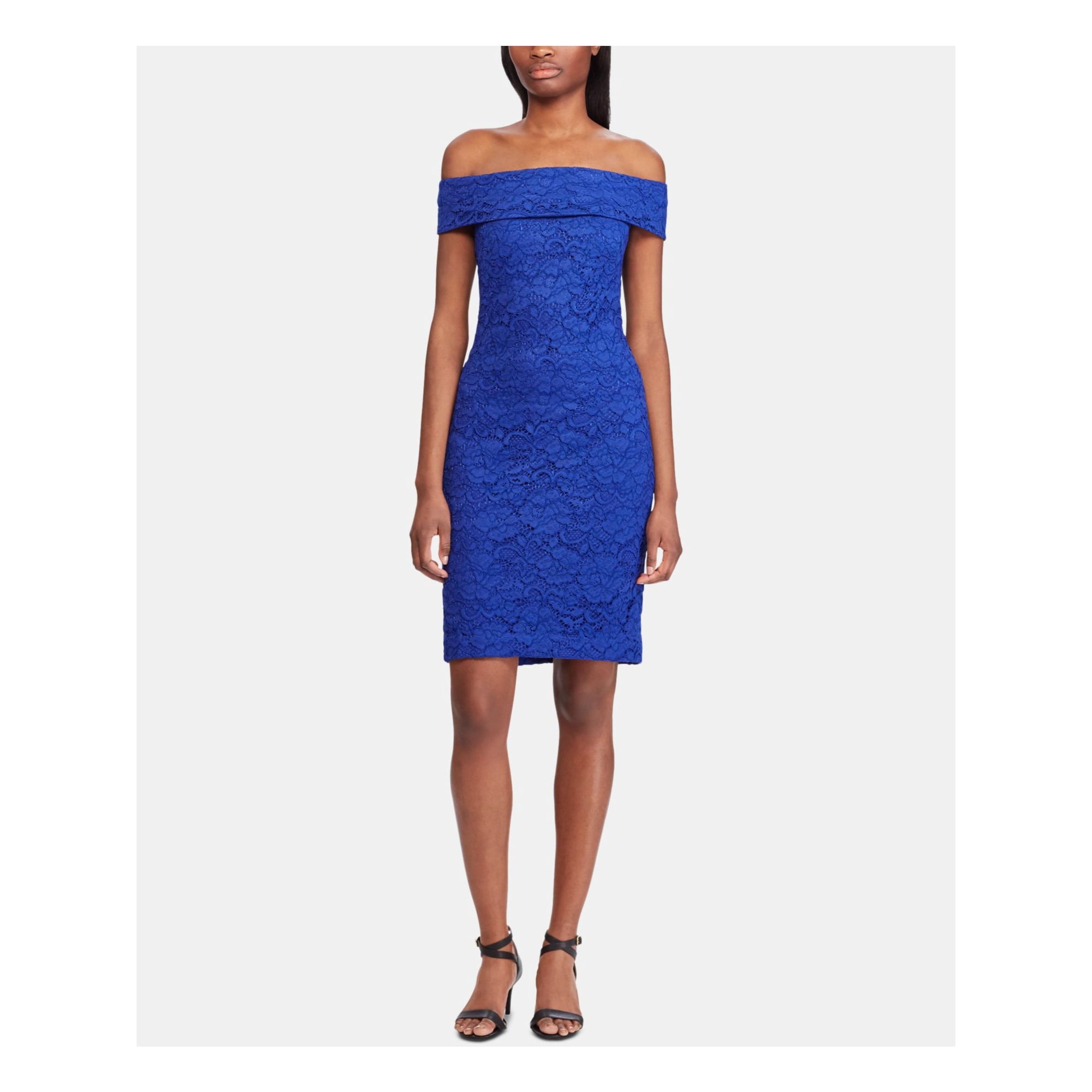 RALPH LAUREN Womens Lace Off Shoulder Above The Knee Cocktail Body Con Dress