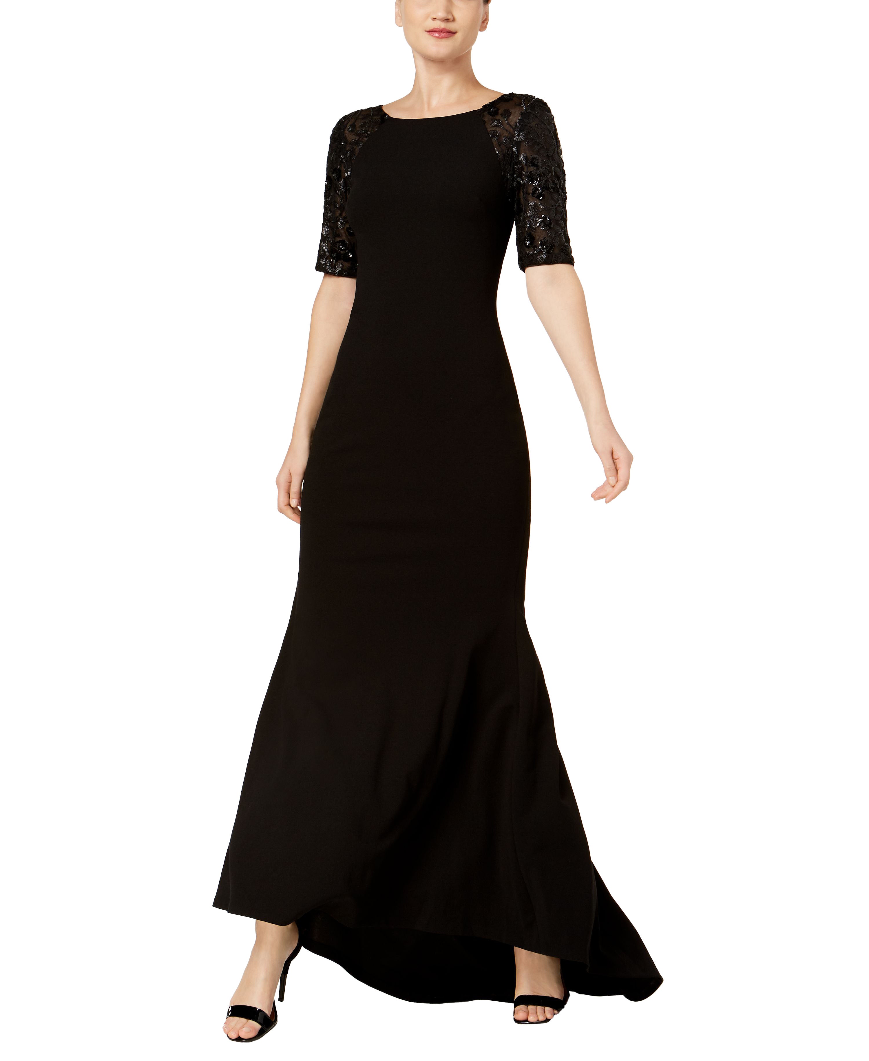 Sequined-Sleeve V-Back Gown