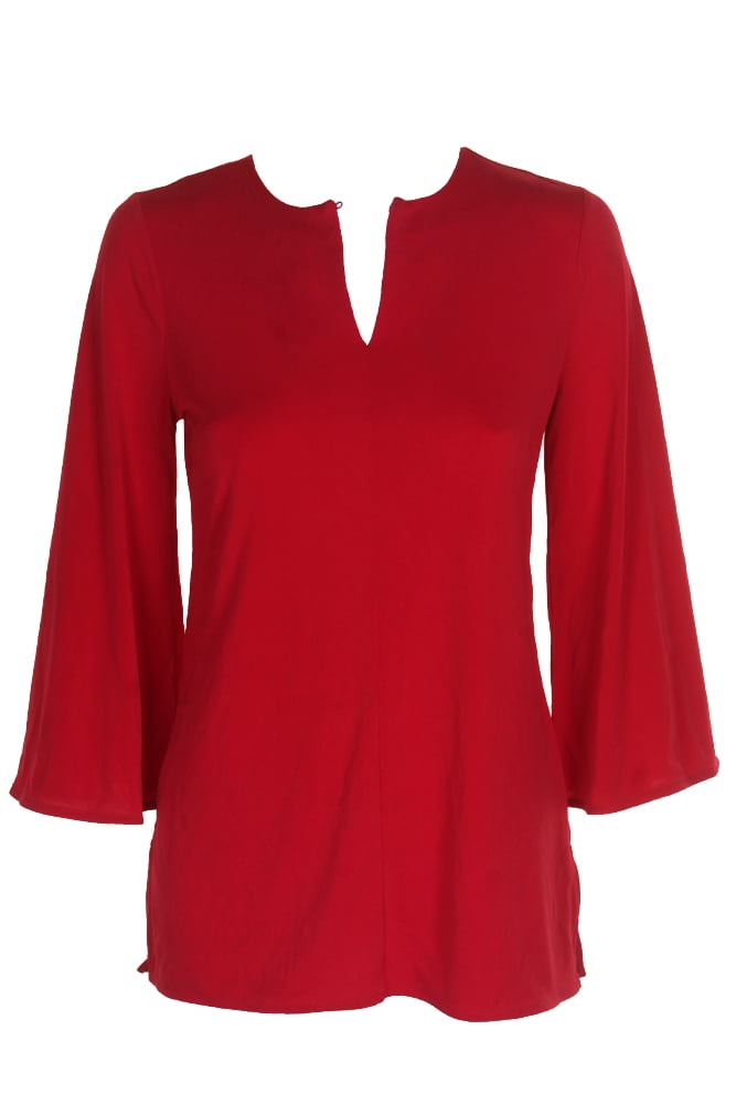 Ralph Lauren Womens Red Bell Sleeve Keyhole Tunic Top