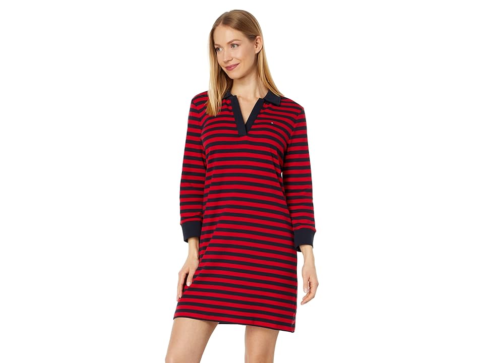 Women's Striped 3/4-Sleeve Johnny Collar Dress