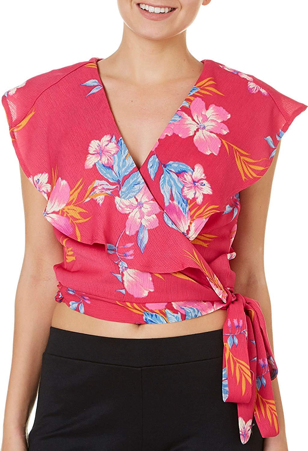 A. Byer Womens Juniors' Sleeveless Ruffle Surplus Crop Top