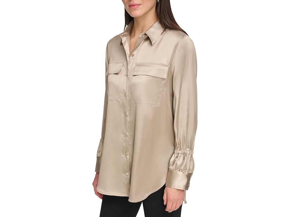 Women's Satin Flap-Pocket Tunic Shirt