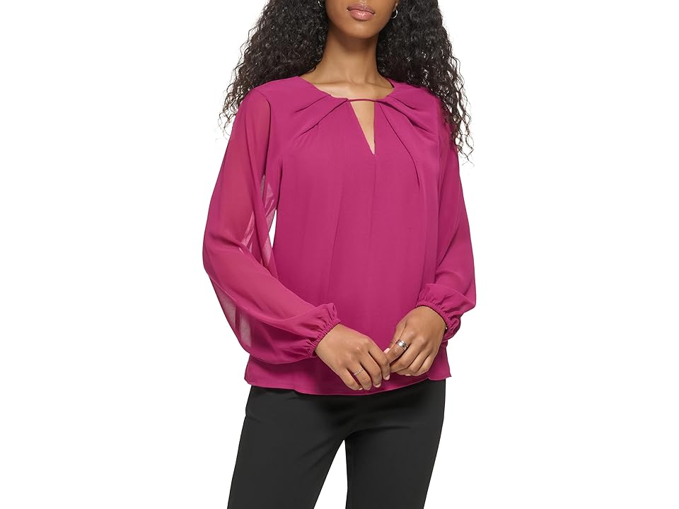 Women's Long Sleeve Keyhole Neck Chiffon Blouse