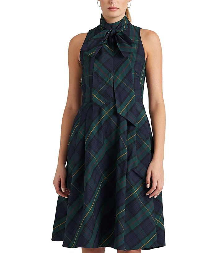 LAUREN Ralph Lauren Plaid Tie Neck Taffeta Cocktail Dress