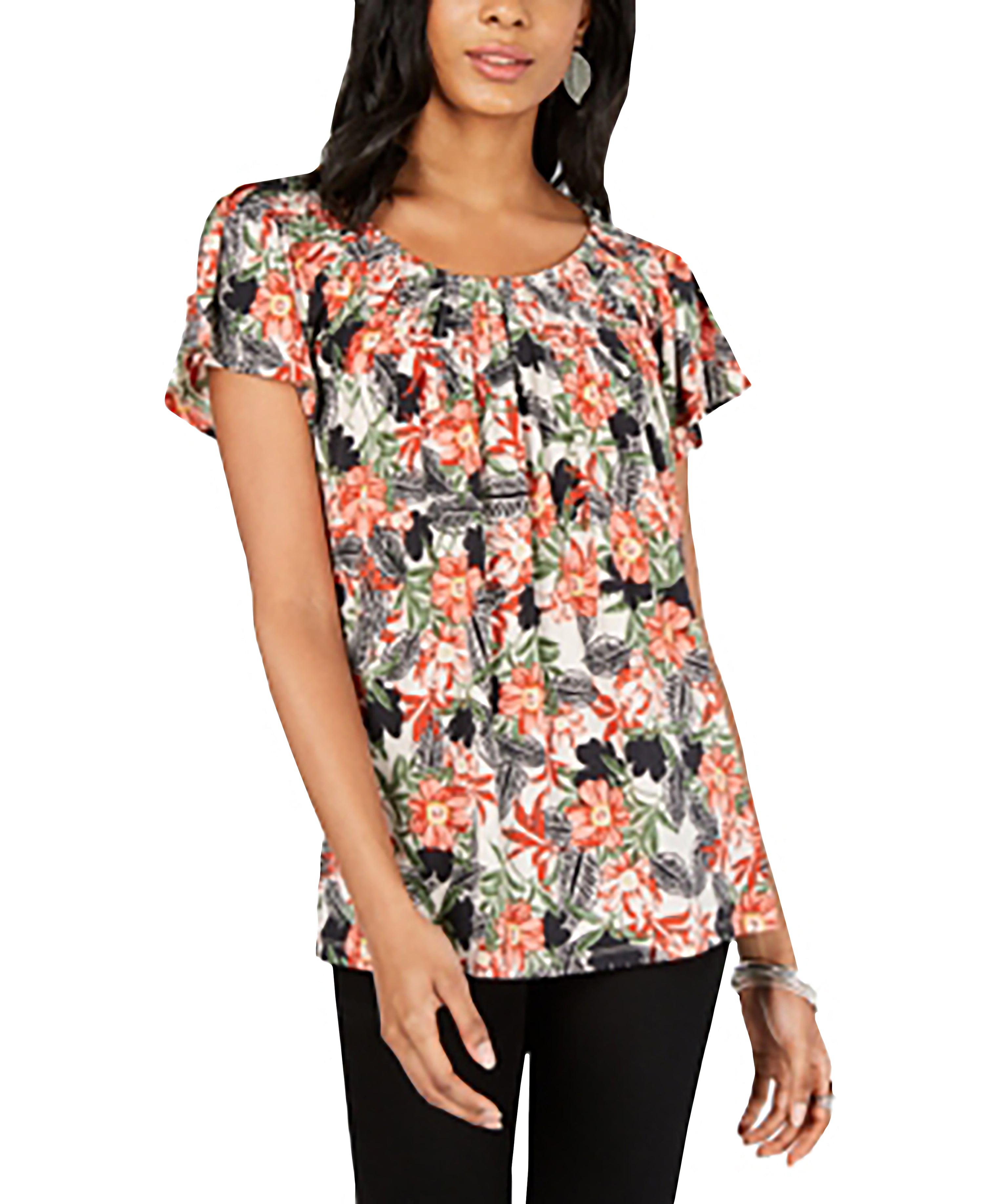 Printed Pleated Scoop-Neck Top