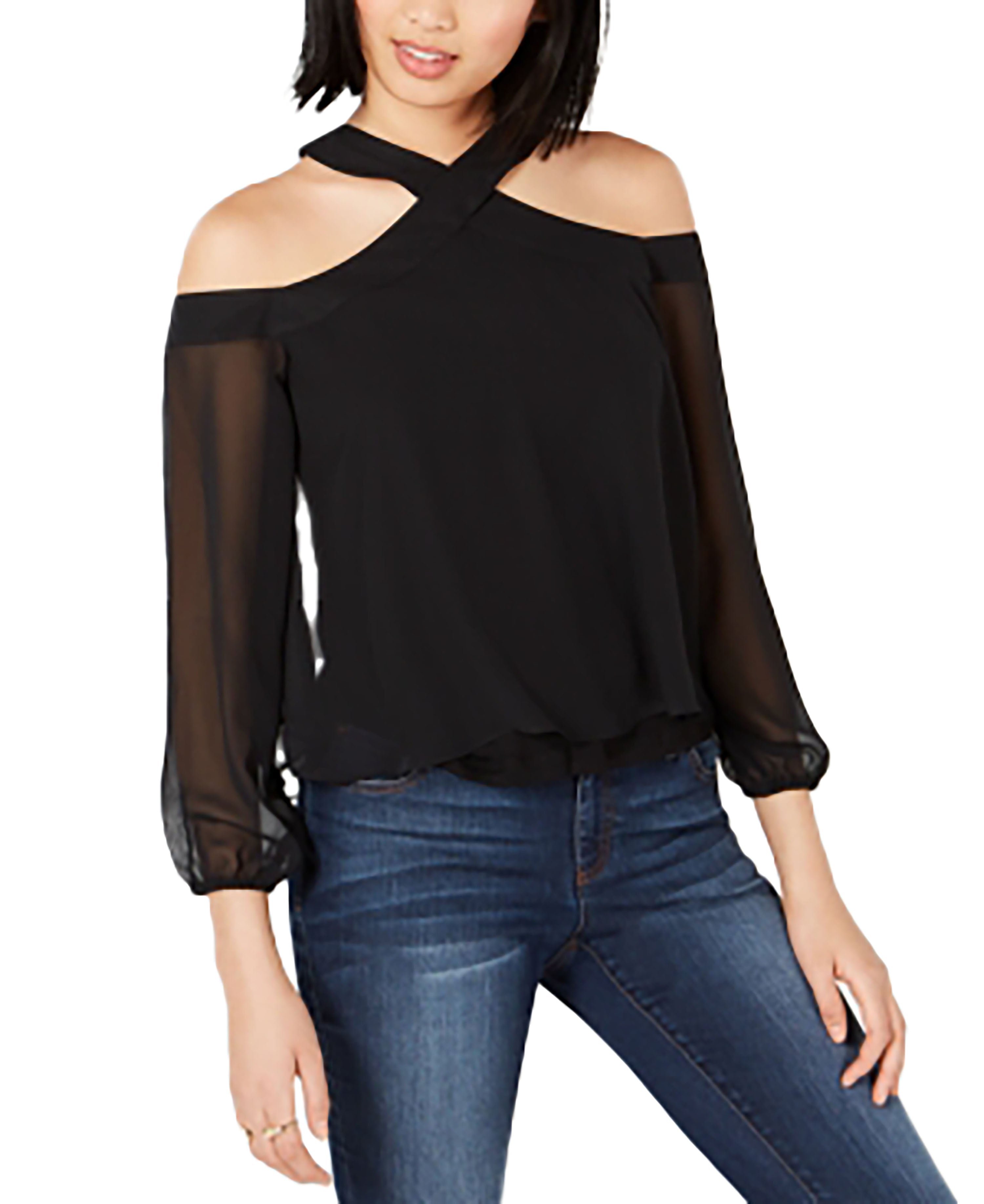 Bar Iii Cold-Shoulder Chiffon Overlay Mixed Media Top Deep Black S