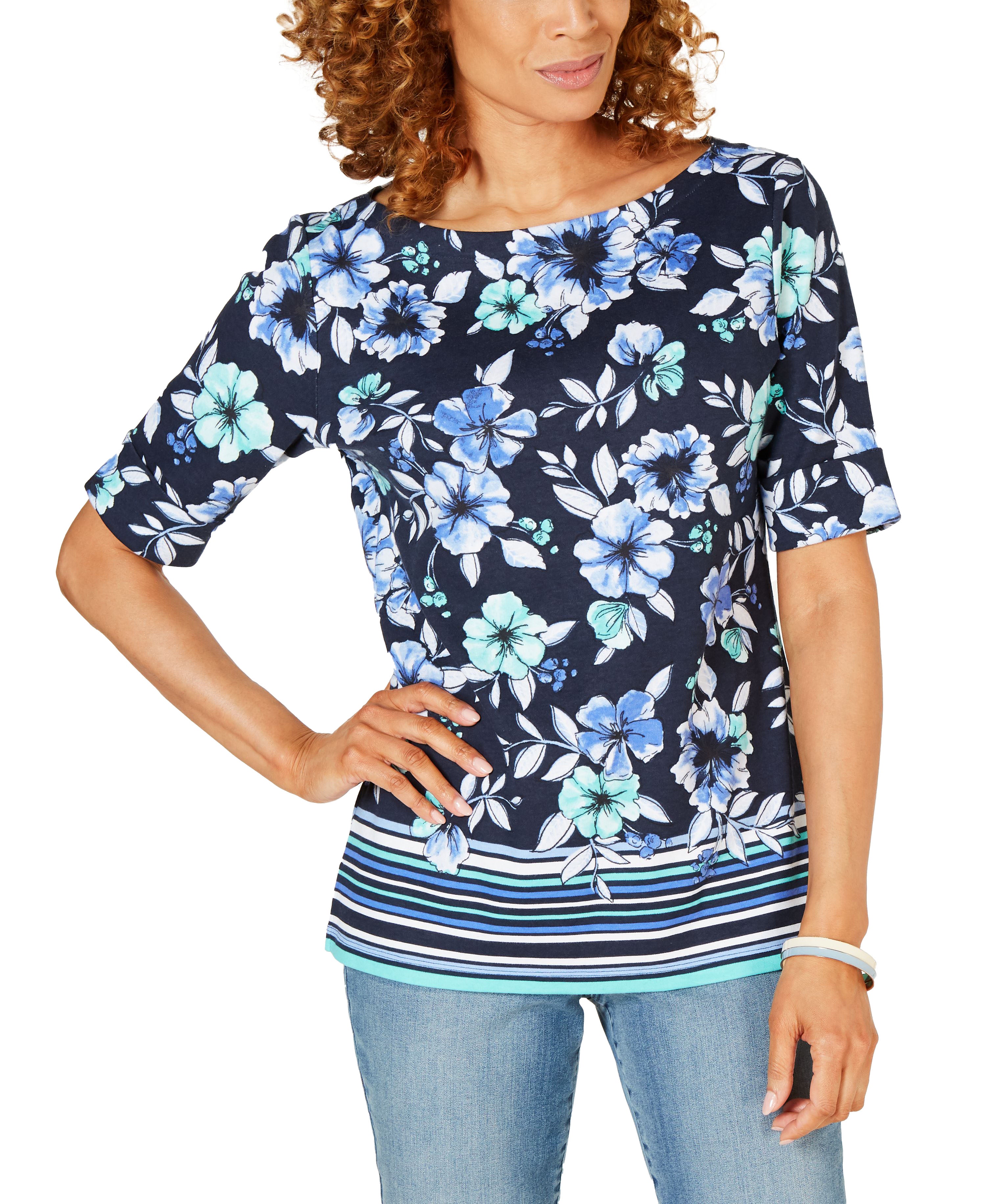 Karen Scott Boat-Neck Floral-Print Border Top Intrepid Blue XL