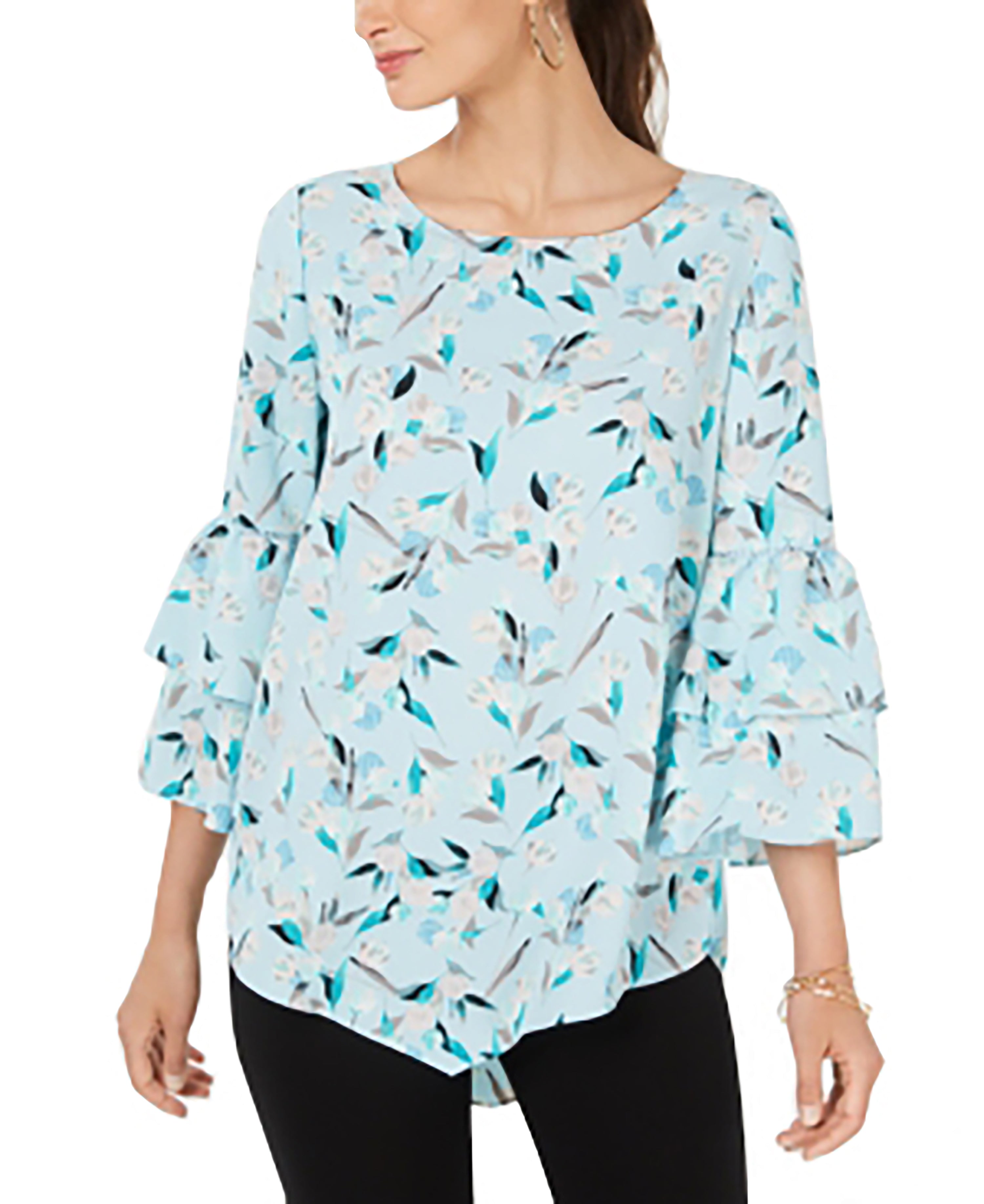ALFANI Women's Light Blue Floral Long Sleeve Jewel Neck Top Blue Spirit Flower M