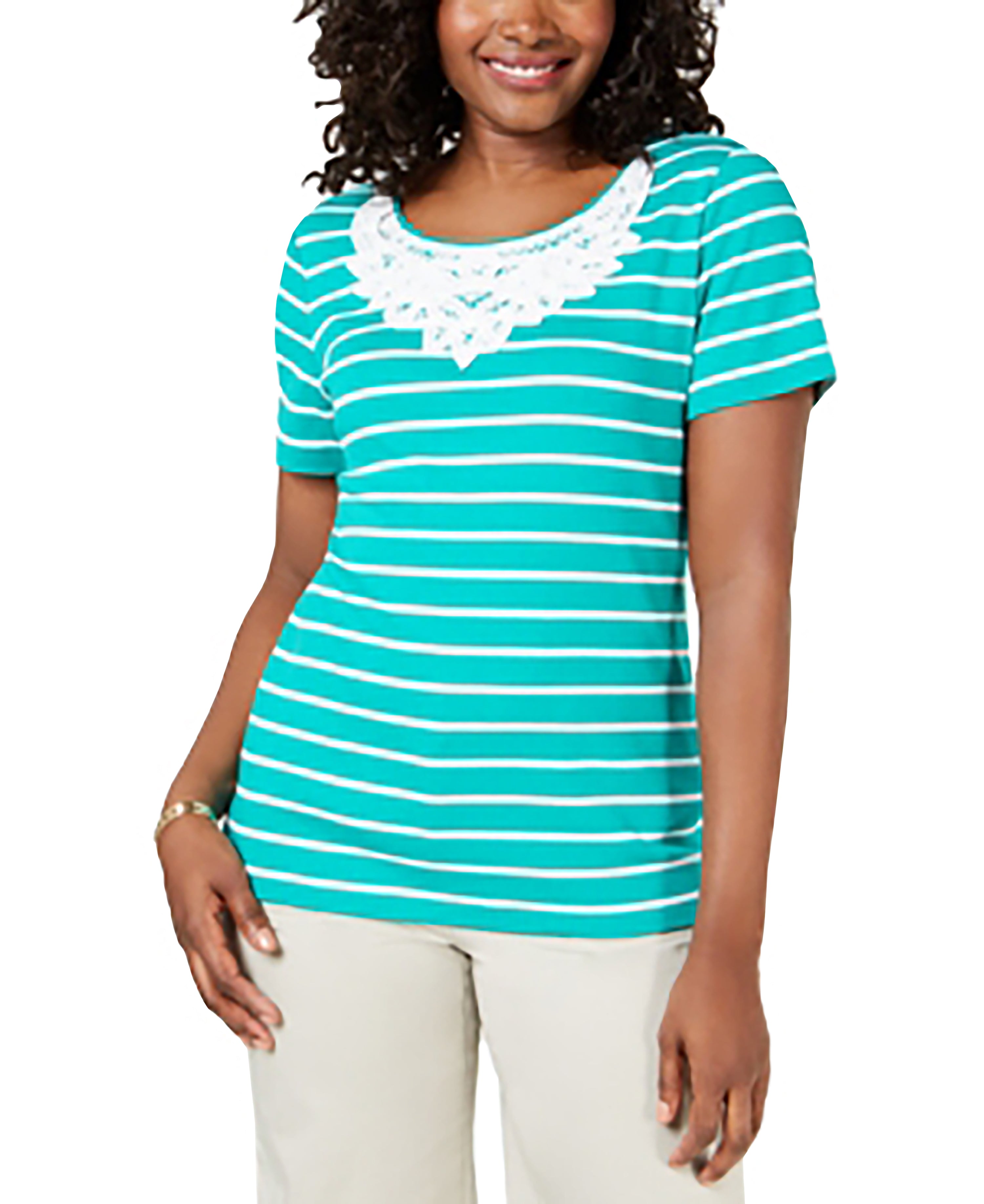 Karen Scott Crochet-Lace Striped Cotton Top Classic Teal XL