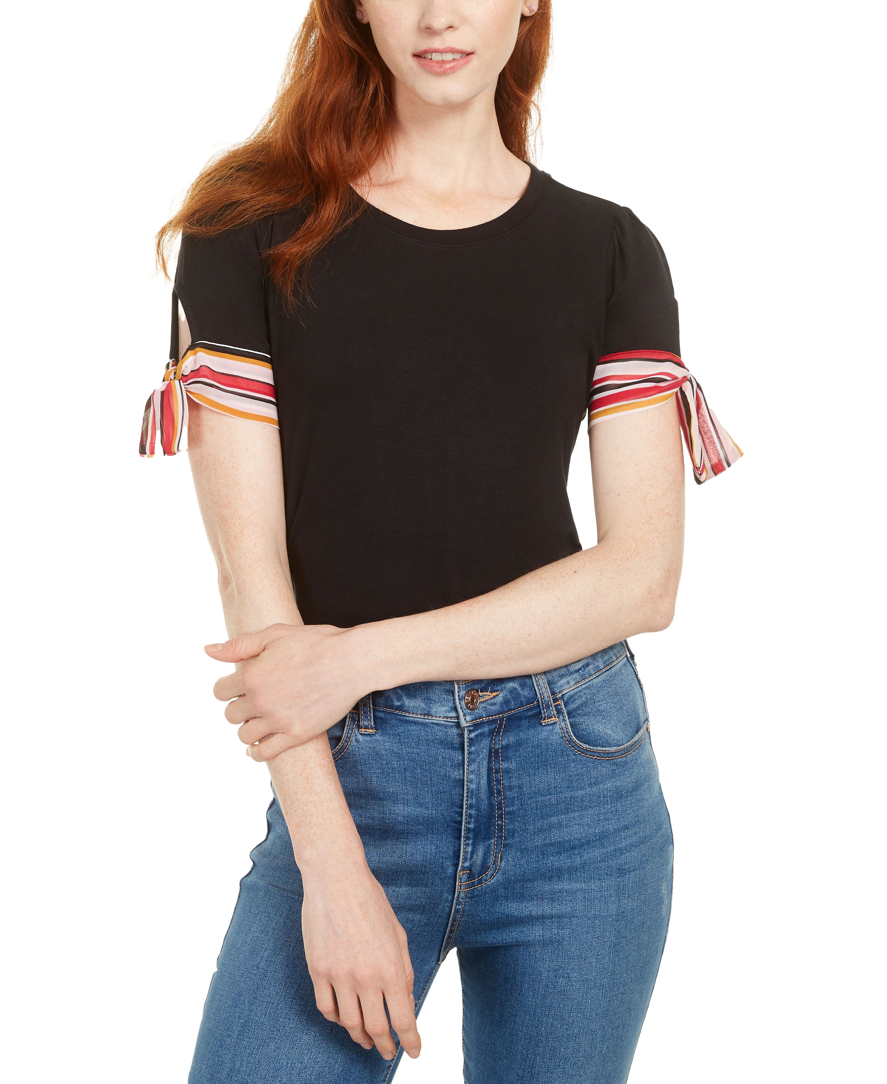 Maison Jules Womens  Knit Stripe Sleeve Tee Top Deep Black  M