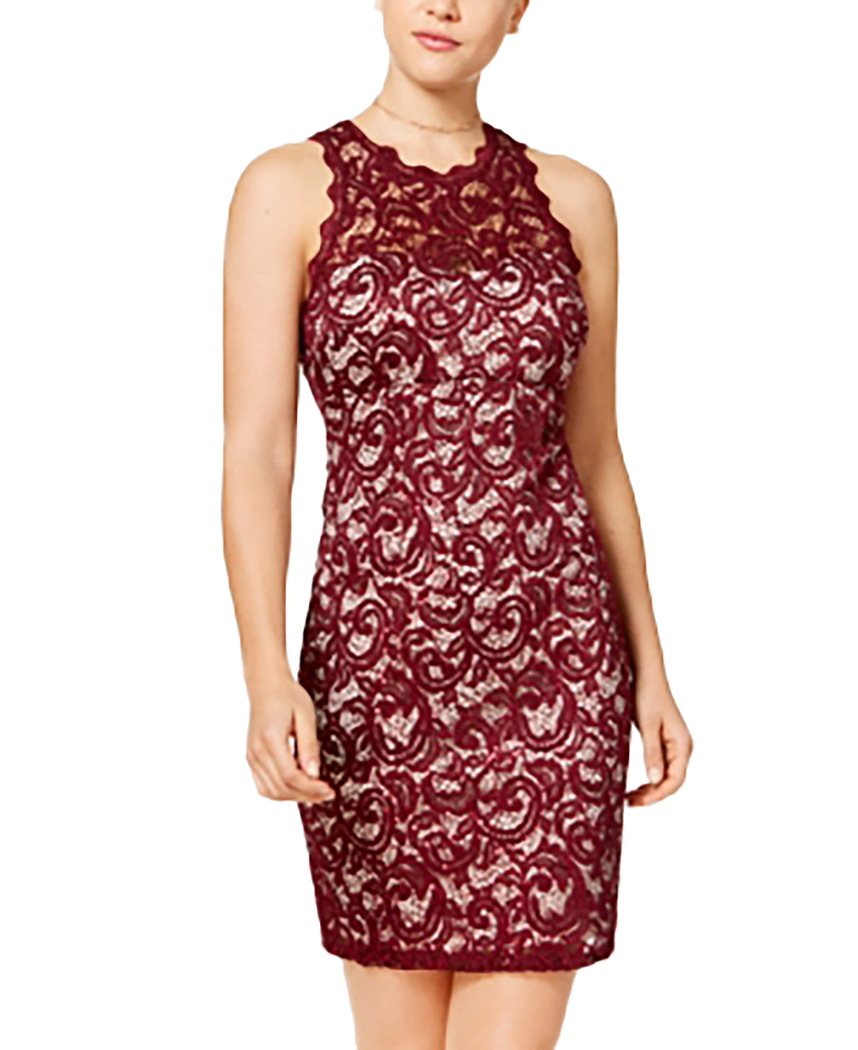Sequin Hearts Juniors' Sequined Lace Bodycon Dress Malbec/Nude 1