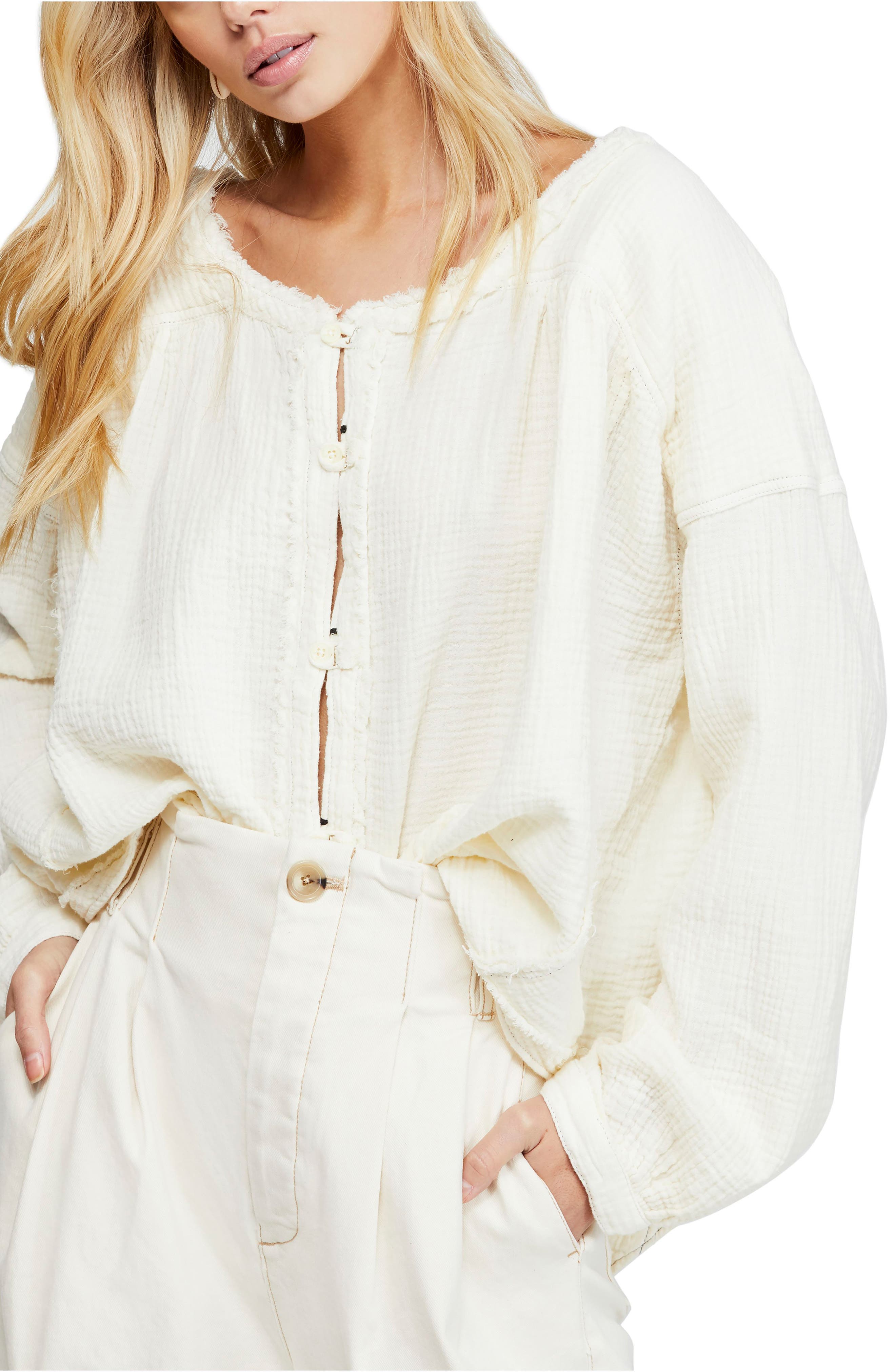 We The Free Womens Moving Mountains Frayed Round Neck Button-Down Top Ivory S