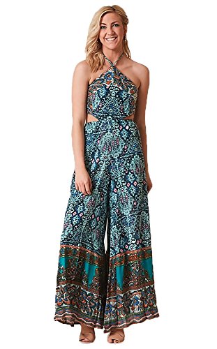 Free People Women's Maribelle Printed Wide-Leg Halter Jumpsuit Turquoise M