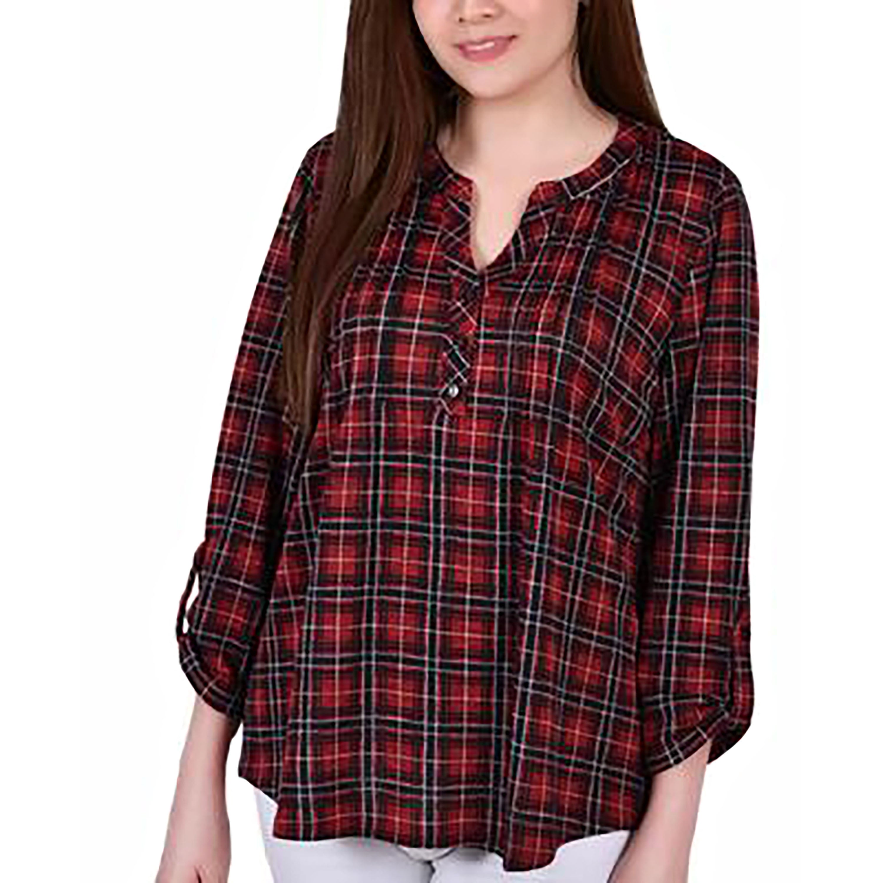 Petite 3/4 Roll Tab Plaid Pintuck Top