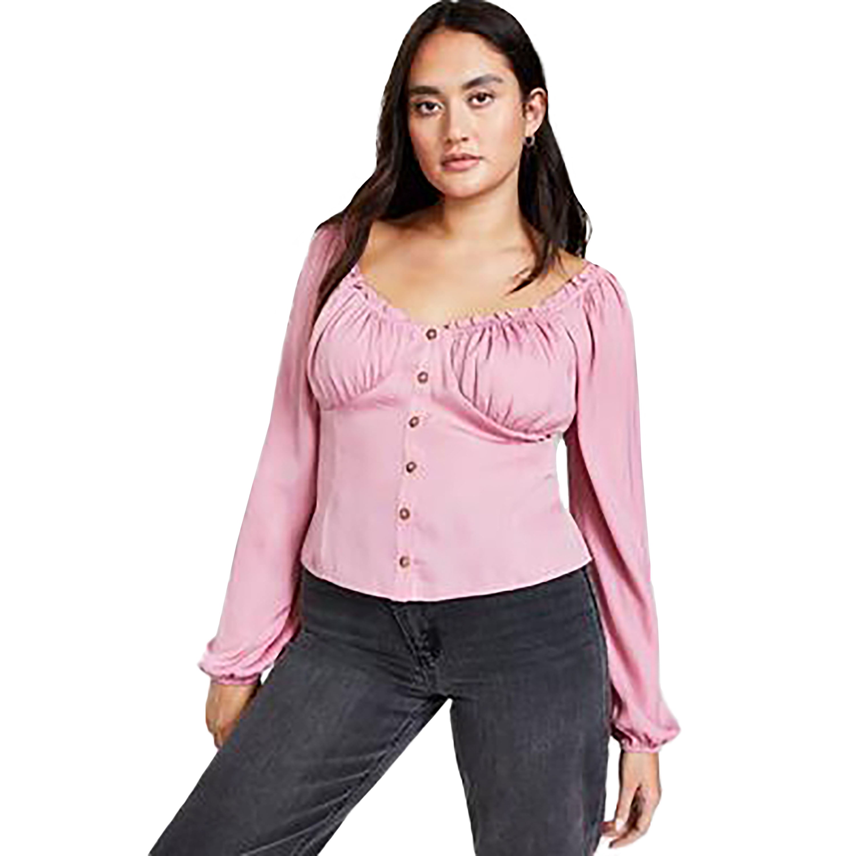 Women's Blouson-Sleeve Button-Front Top Blushing Bloom M