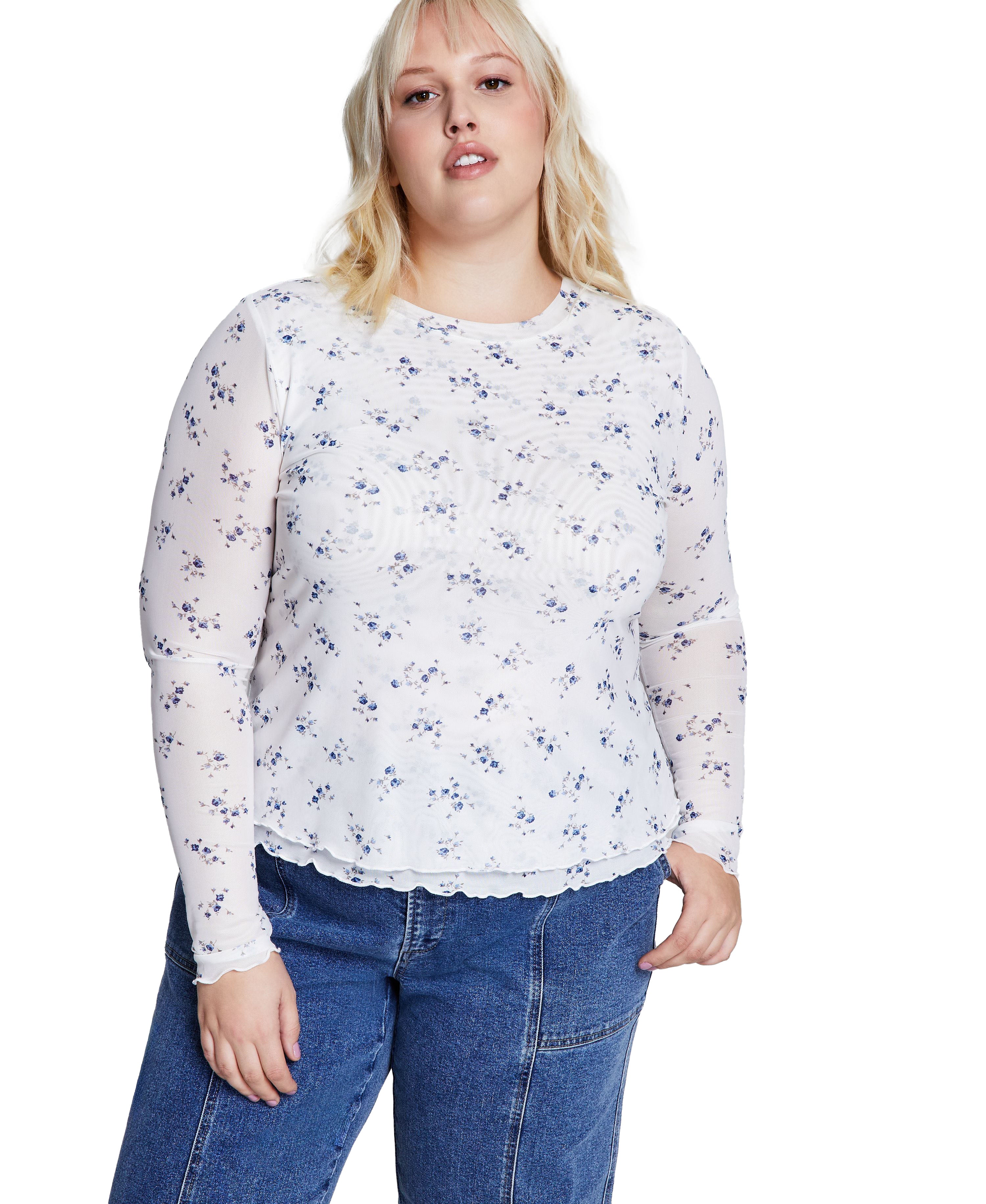 Trendy Plus Size Floral-Print Mesh Long-Sleeve Top Bone Floral 1X