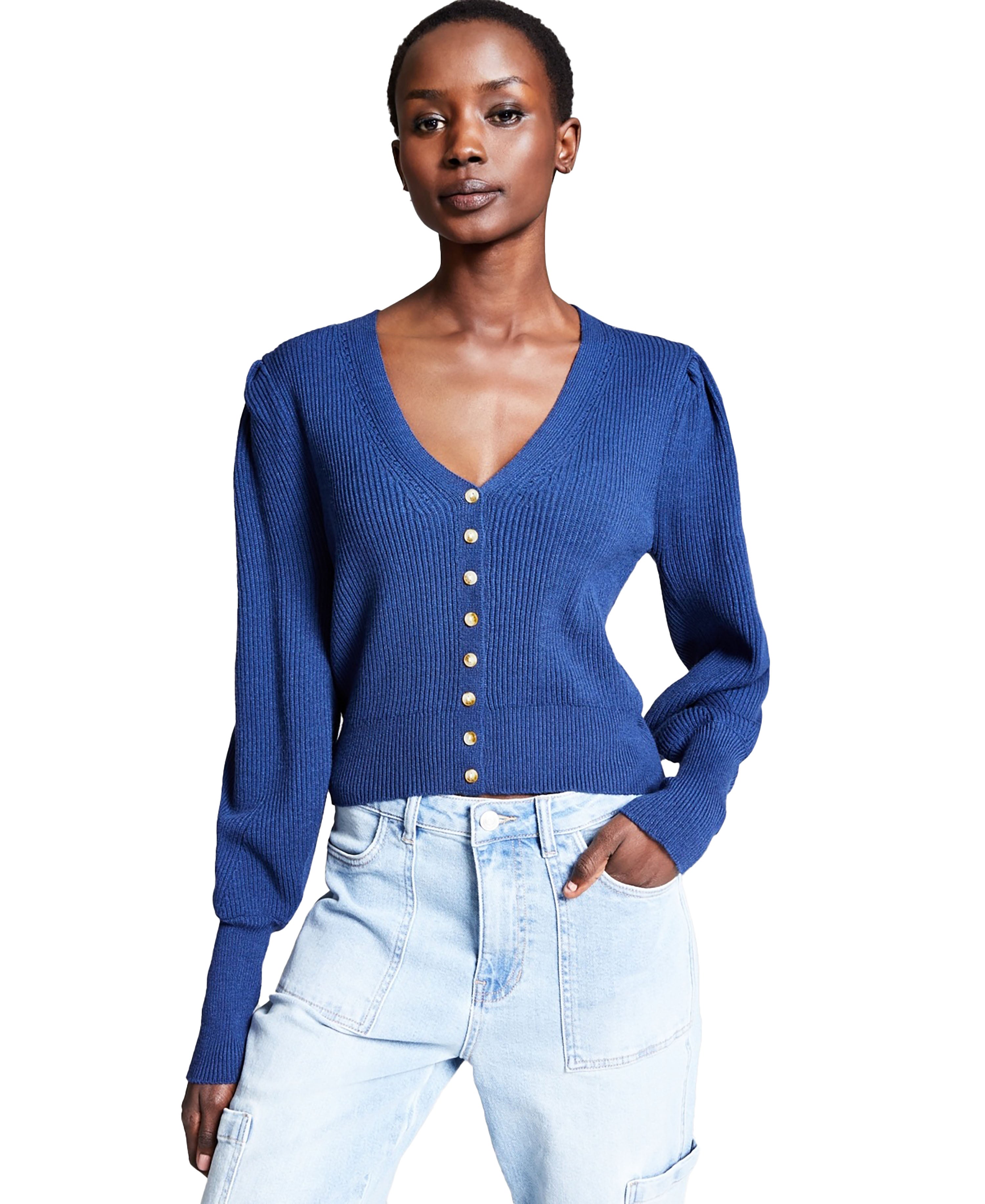 Women's Puff-Sleeve Ribbed Cardigan Dark Blue S